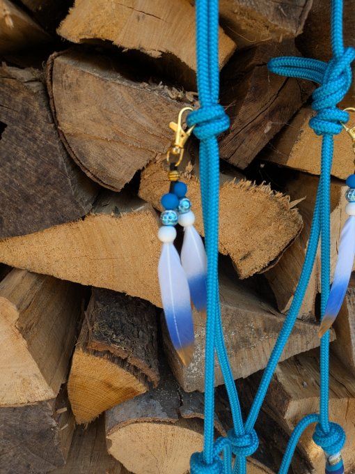 Licol bleu océan taille cheval avec 2 bijou plumes 