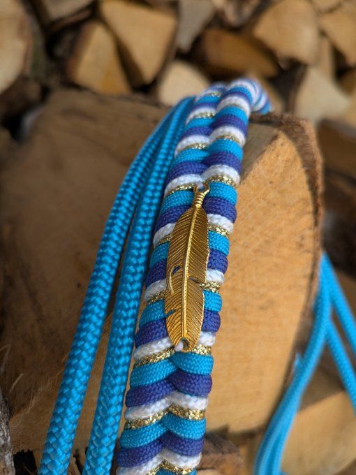 Licol bleu océan taille cheval avec 2 bijou plumes 