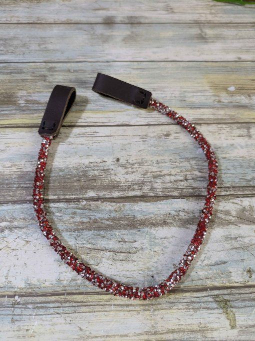 Frontal strass argenté et rouge cuir marron foncé taille cob/cheval