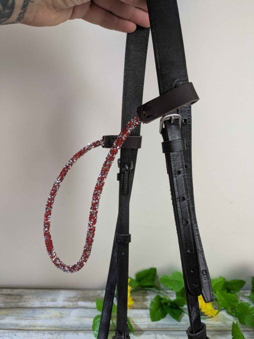 Frontal strass argenté et rouge cuir marron foncé taille cob/cheval