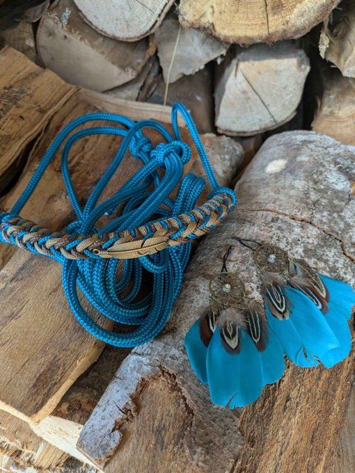 Licol aqua avec deux bijoux plumes taille cob