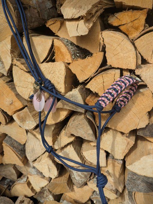 Licol "Texas" bleu marine/rose/doré avec deux bijoux plumes taille cob