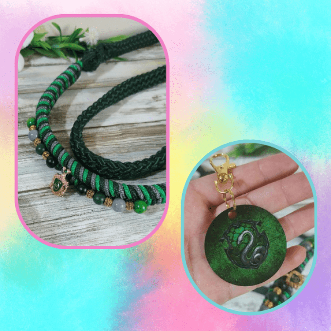 "Ensemble Sorcier" vert (licol, cordelette et médaillon) en taille cob